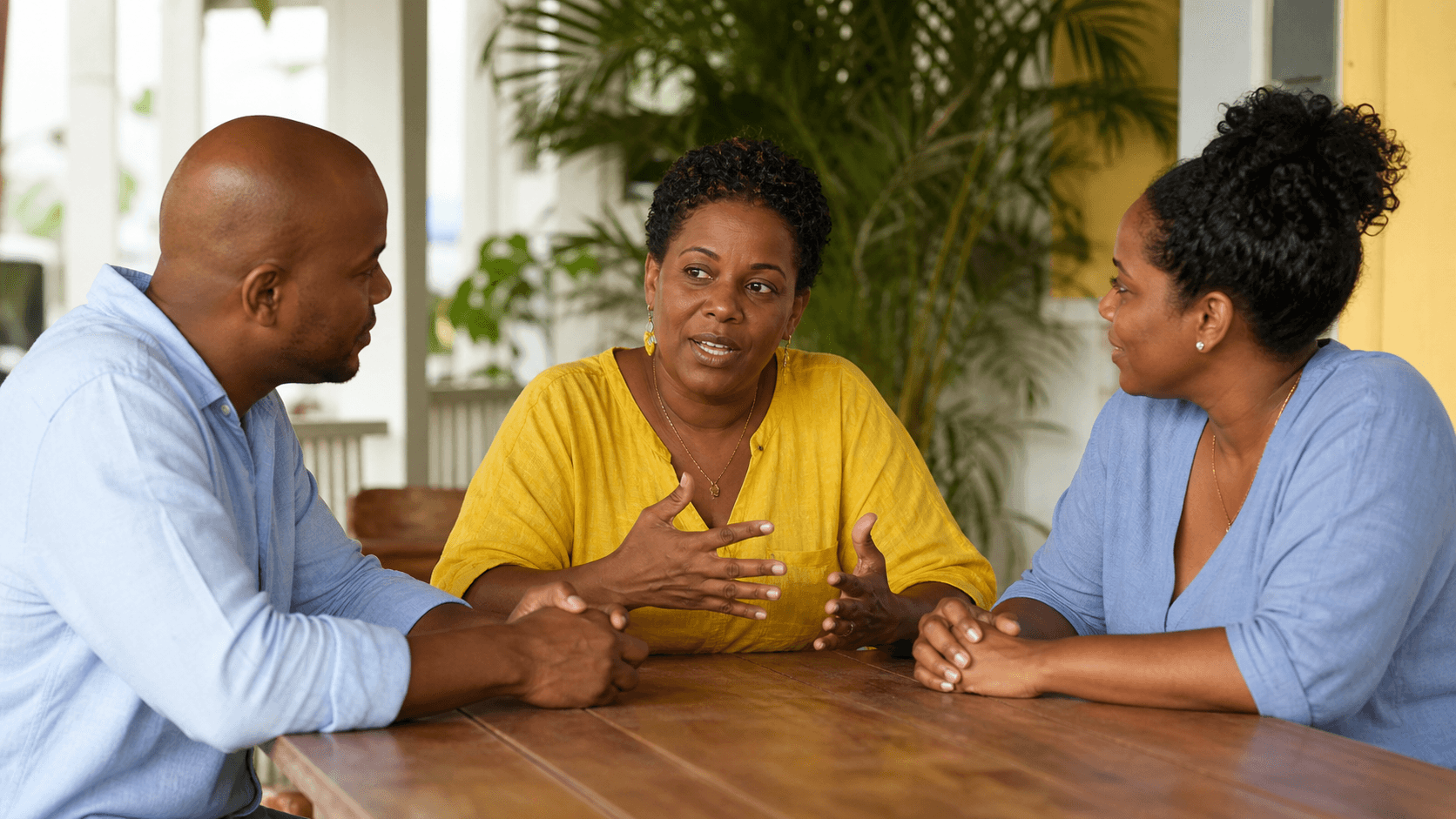 Barbadians discussing a plan together